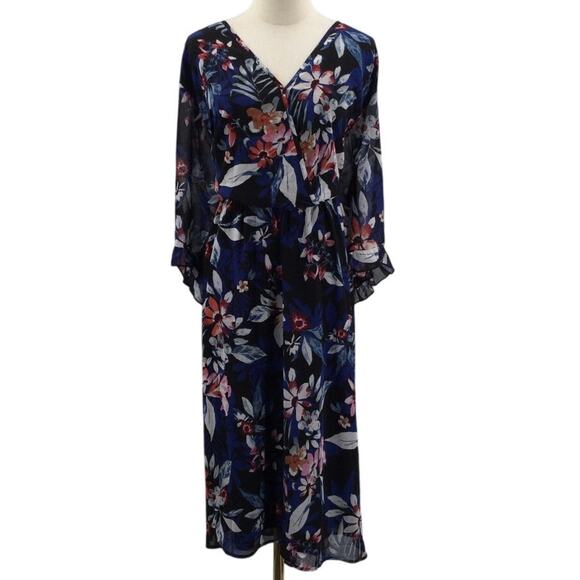 BLOOMCHIC 26 4X Plus Chiffon Tropical Print Surplice Neck Midi Dress B77 - Picture 2 of 10